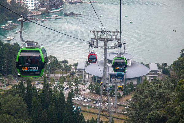Sun moon lake,taiwan-October 13 ,2018:cable car center in mountain at sun moon lake for move to in side forest