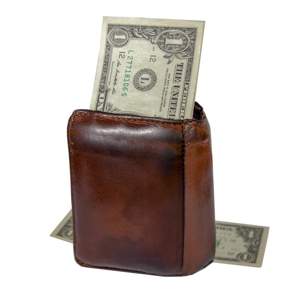 Старий коричневий шкіряний гаманець для чоловіків і банкнот один долар — стокове фото