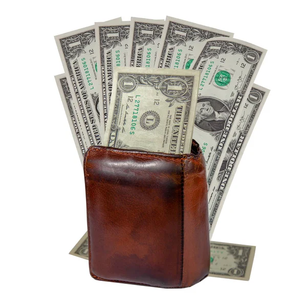Erkekler ve banknot bir dolar için eski kahverengi deri cüzdan — Stok fotoğraf