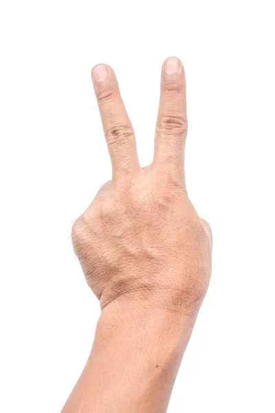 Der Mann Hält Zwei Finger Auf Weißem Hintergrund — Stockfoto