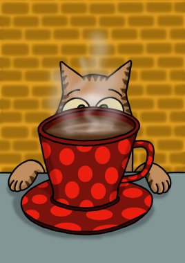 Kedi onun kahve kupa izliyor