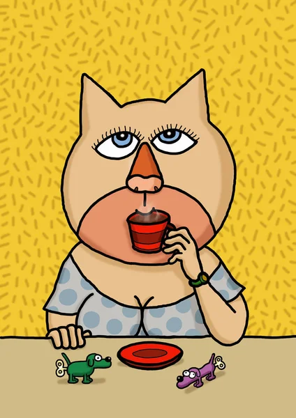 Samice Kočka Pití Kávy — Stock fotografie