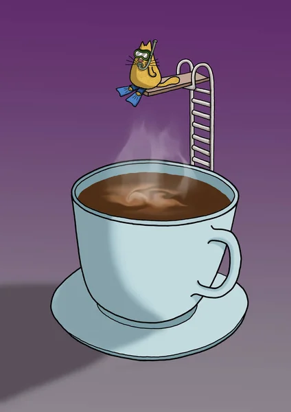 コーヒーのマグカップにダイブする約クレージー キャット — ストック写真