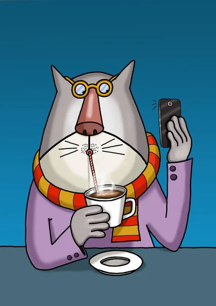 Cat Está Tomando Una Selfie Cuando Bebe Café — Foto de Stock