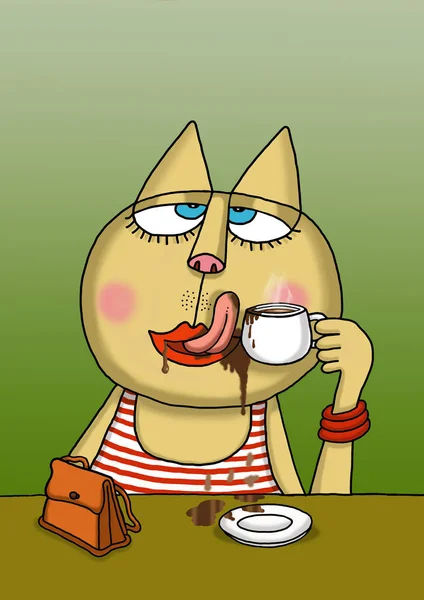 Грязная Кошка Пьет Кофе Языком — стоковое фото