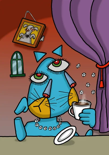 Cat is drinking coffee in an illustration with Picasso style