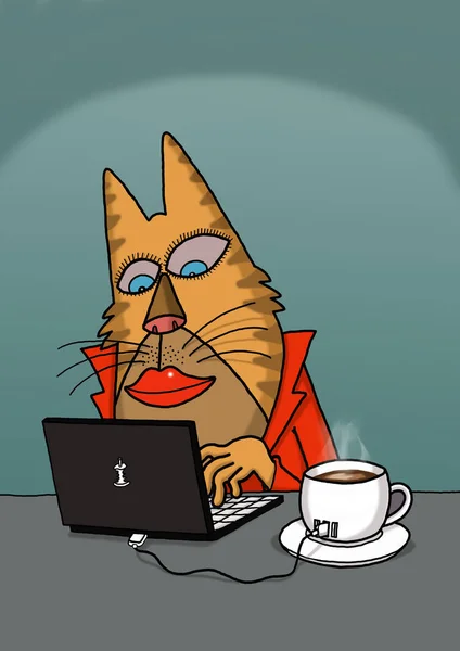 Cat Está Navegando Com Laptop Cobrando Seu Café — Fotografia de Stock