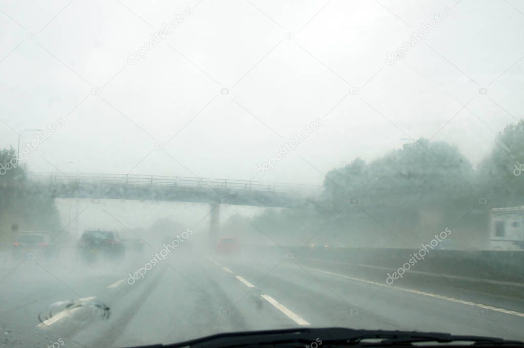 Bad weather through front window of moving car 