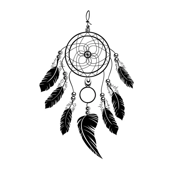 Indiska Svart Dream Catcher Vectordreamcatcher Tatuering Vit Bakgrund Illustration — Stock vektor