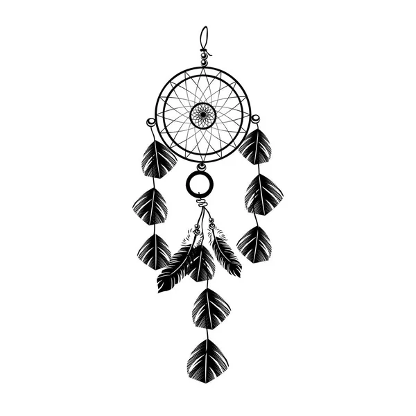 Tatouage Attrape Rêves Indien Noir Vectordreamcatcher Sur Fond Blanc Illustration — Image vectorielle