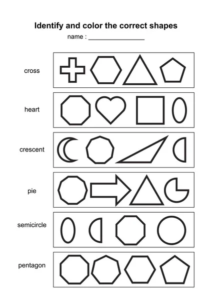 Определить Цвет Правильных Форм Образовательные Геометрические Фигуры Игры Печатный Учебный — стоковый вектор