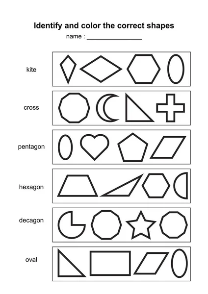 識別し 適切な図形を色します 幾何学的図形の教育ゲーム 子供のための印刷可能な学習教材 黒と白の印刷可能なゲーム イラスト — ストックベクタ