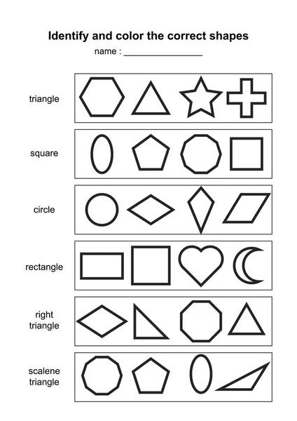 Identifiera Och Färg Rätta Formerna Pedagogiska Geometriska Former Spel Utskrivbara — Stock vektor