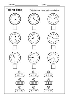 Zamanı Anlatma Zamanı Zamanı Zamanı Çalışma Kağıtları vektörü öğrenmek için Çocuklar için Zaman Çalışması