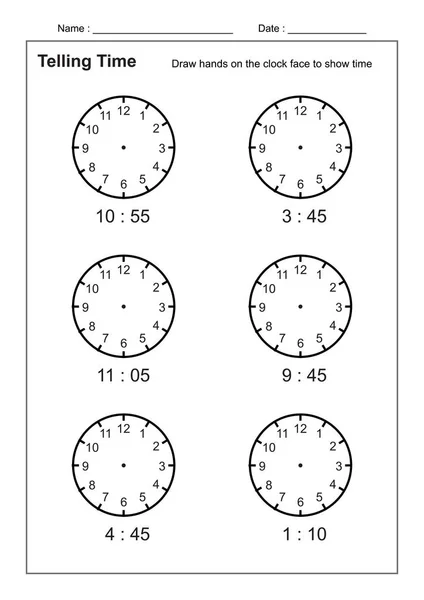 Telling Idő Mondja Időgyakorlat Gyermekek Idő Munkalapok Tanulás Mondani Idő — Stock Vector