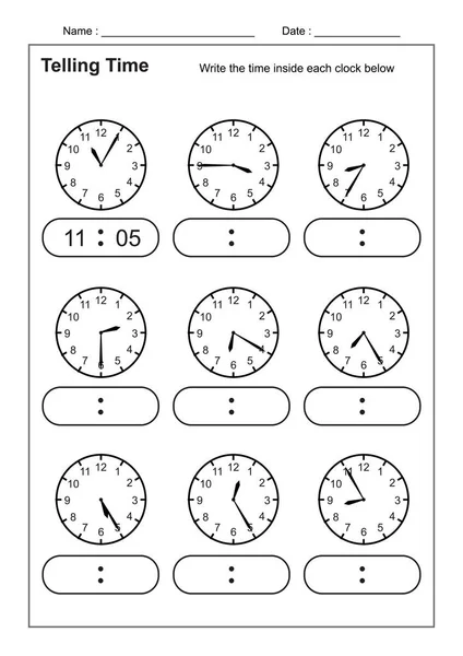 Telling Time Telling Time Practice Children Time Worksheets Learning Tell — Vetor de Stock