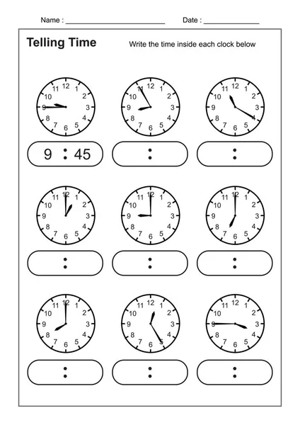 Telling Time Telling Time Practice Children Time Worksheets Learning Tell — Stock Vector