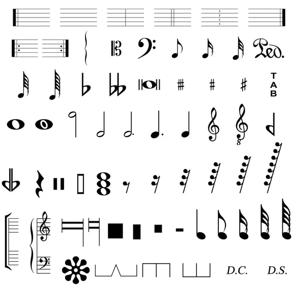 Set Van Muzikale Symbolen Elementen Van Muzikale Symbolen Iconen Annotaties — Stockvector