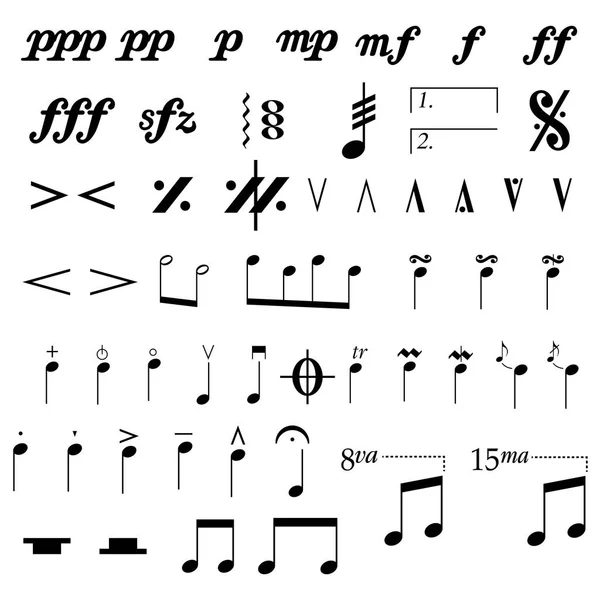 Set Van Muzikale Symbolen Elementen Van Muzikale Symbolen Iconen Annotaties — Stockvector