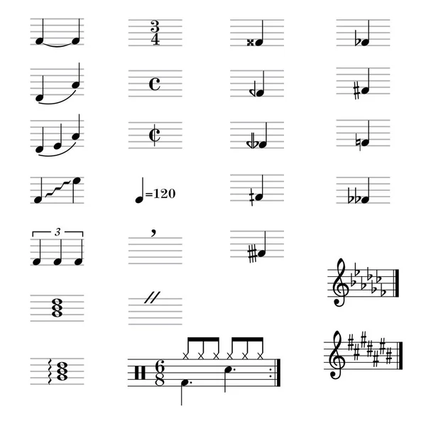 Satz Von Musikalischen Symbolen Elementen Von Musikalischen Symbolen Symbolen Und — Stockvektor