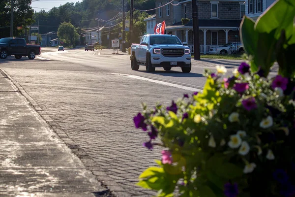 Barry Körfezi, Ontario, Kanada 29 Haziran 2020 - Sunny Downtown Barry 's Körfezi üzerinde Kanada bayrağı olan beyaz bir kamyonet. 