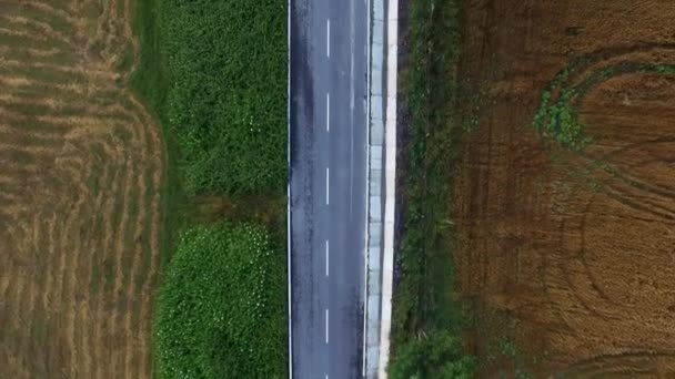 Aerial Shooting See Narrow Lane Road Countryside Blue Car Crossing — Stock Video