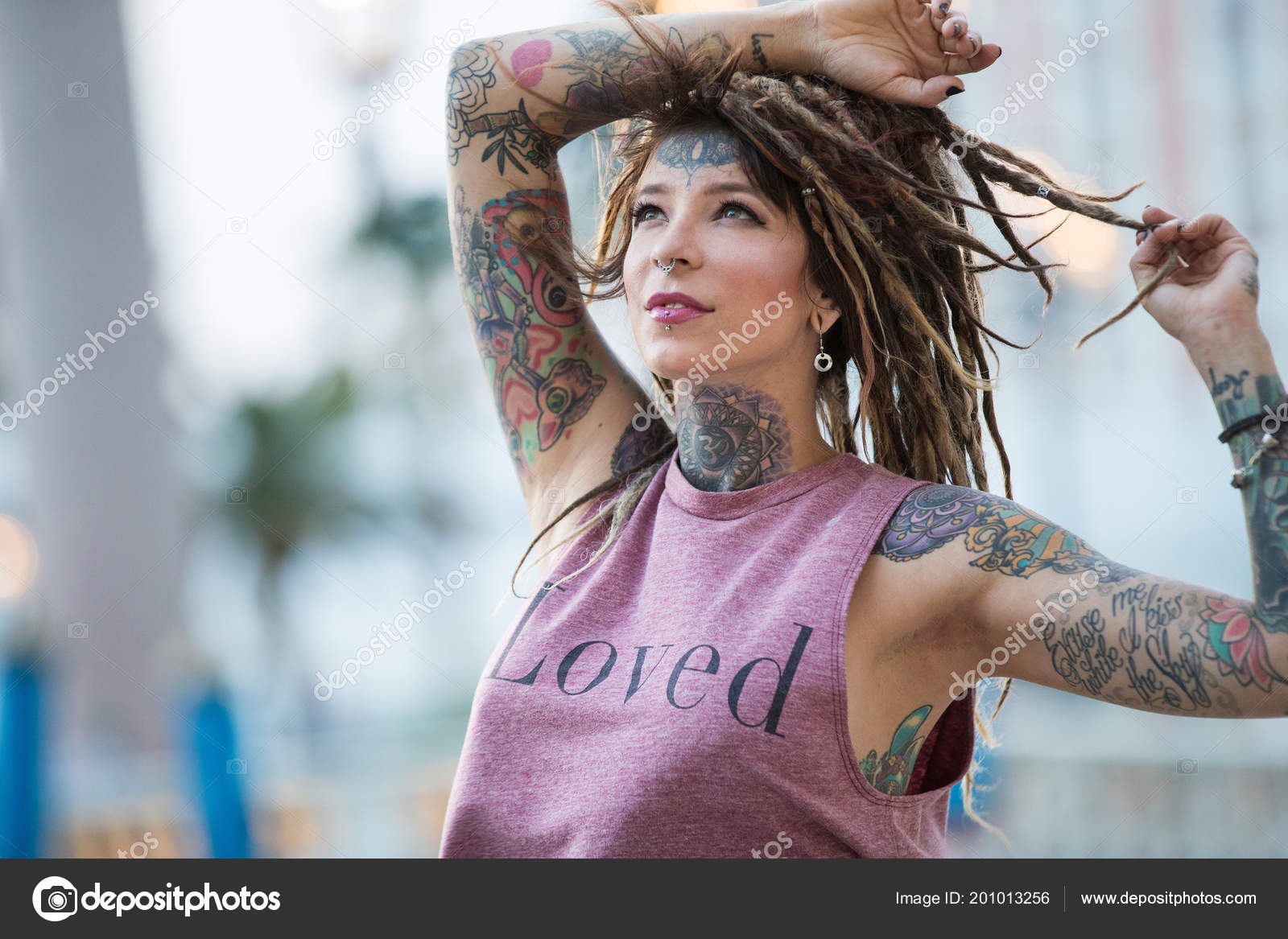 Beautiful Hippie Girl Tattoos Dreadlocks Stock Photo