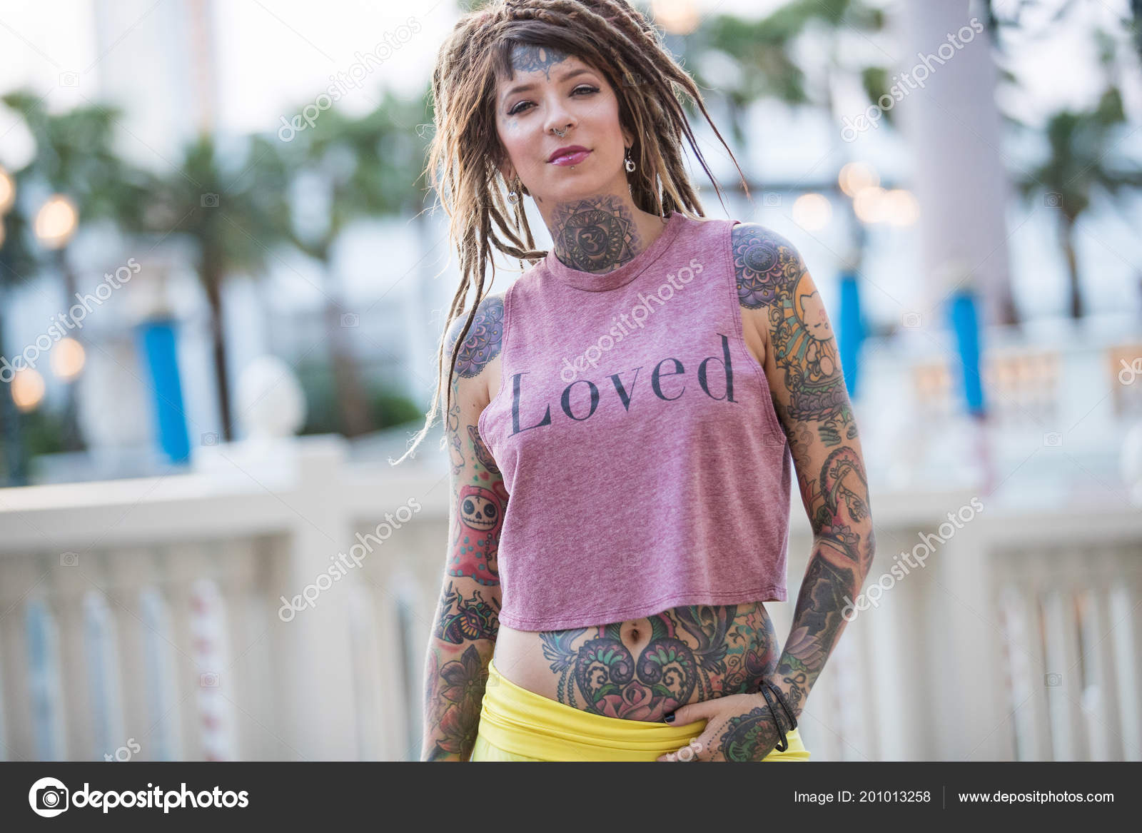 Beautiful Hippie Girl Tattoos Dreadlocks Stock Photo