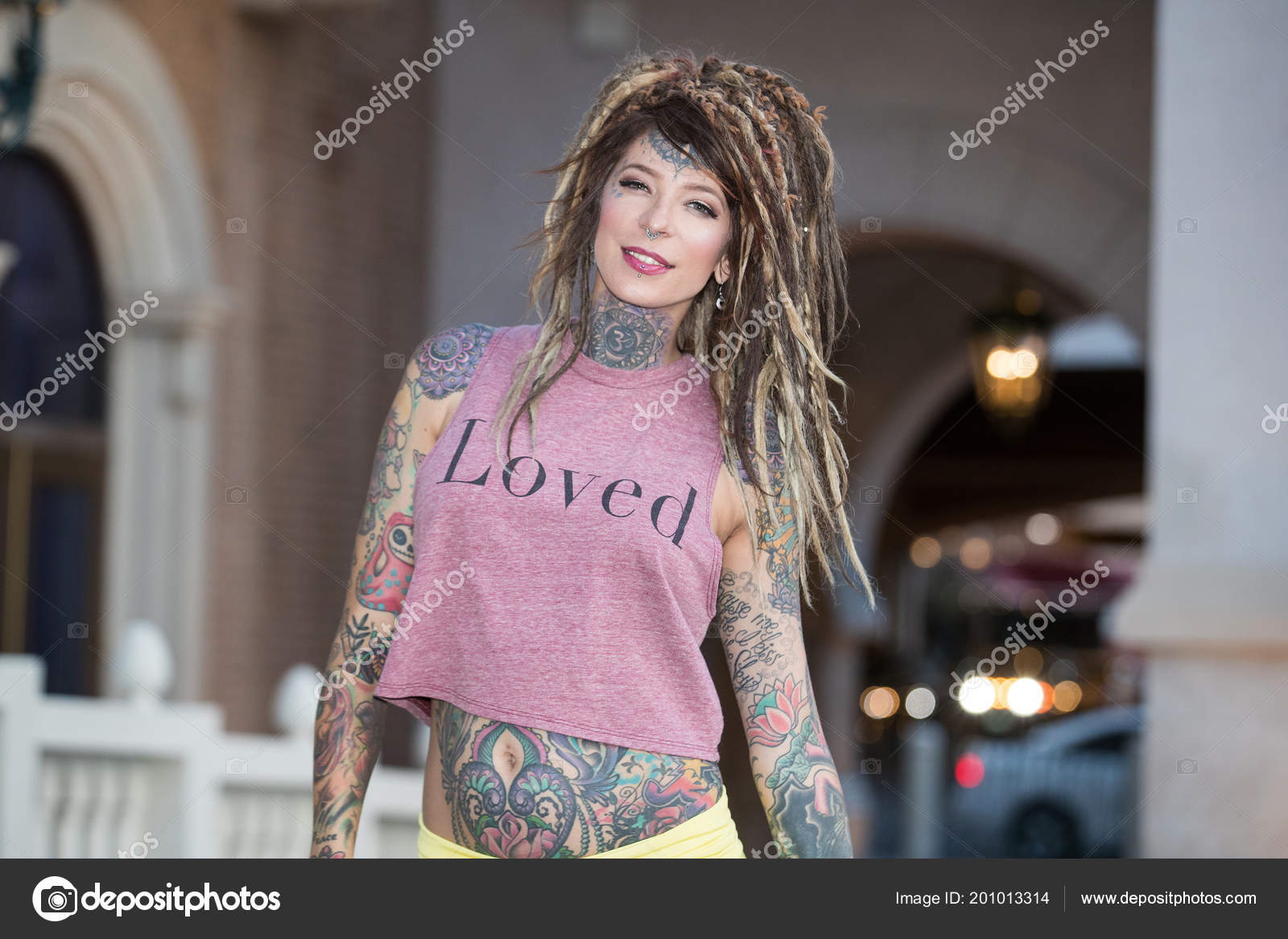 Beautiful Hippie Woman Tattoos Dreadlocks Stock Photo