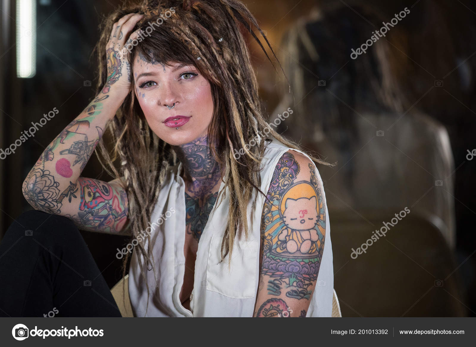 Beautiful Independent Woman Tattoos Dreadlocks Stock Photo