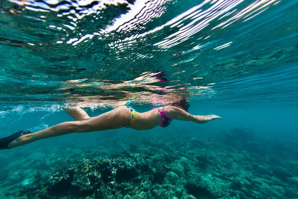 一个穿着鲜艳比基尼的女孩在马尔代夫的蓝色清澈的热带水中浮潜 — 图库照片