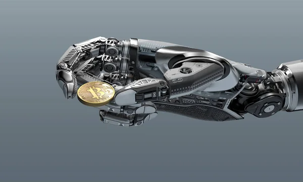 Mekaniska Konstgjord Hand Bitcoin Fingrar Robotarm Som Innehar Mynt — Stockfoto