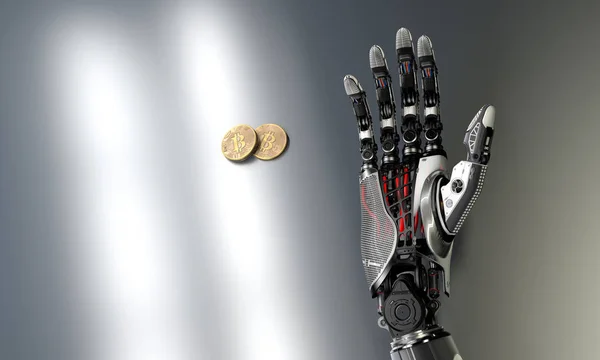 Mechaniczne Sztuczne Palce Ręka Bitcoin Roboty Ramię — Zdjęcie stockowe