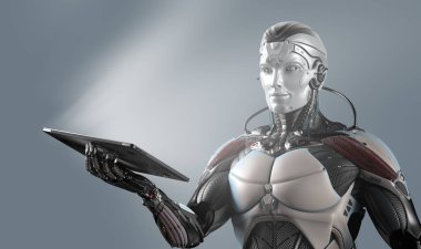 Dizüstü bilgisayar dijital sanal arka planı sağ elinde tutan robot