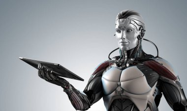 Dizüstü bilgisayar dijital sanal arka planı sağ elinde tutan robot