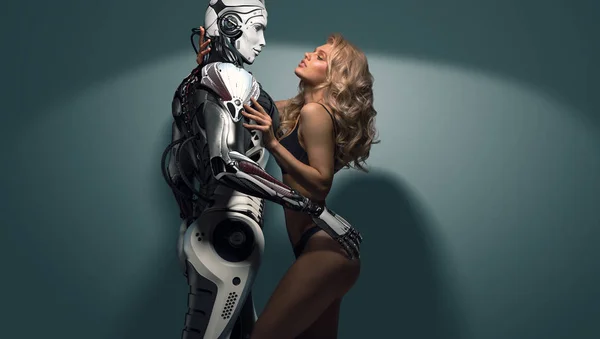 Vacker Blondin Svarta Underkläder Stående Med Manlig Robot Virtuella Relationen — Stockfoto