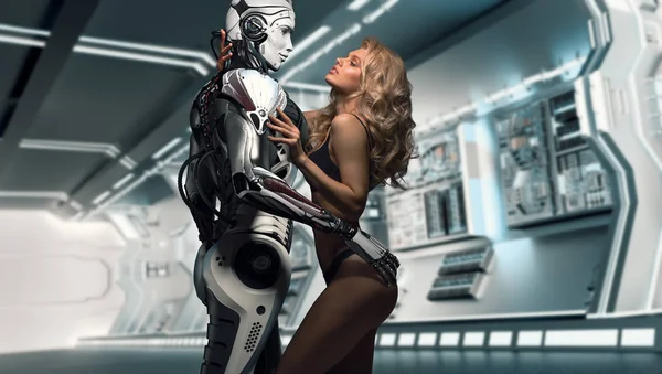 Piękna Blondynka Stojący Czarny Bielizny Robotem Mężczyzna Interrior Futurystyczny Statek — Zdjęcie stockowe