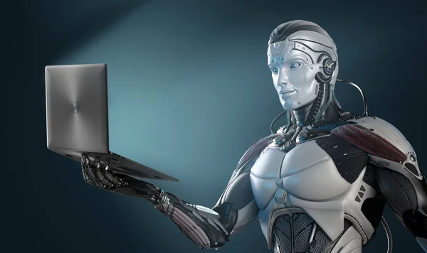 Robot holding laptop in right hand against digital virtual background