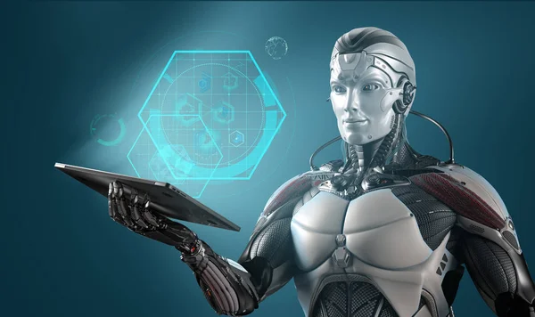 Roboten Håller Laptop Höger Hand Mot Digitala Virtuella Bakgrund — Stockfoto