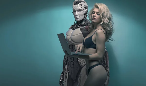 ロボット人間にノート パソコン表示画面 青みがかった背景にカップルを保持している黒の下着を身に着けている魅力的なスレンダー セクシーなブロンドの女の子 — ストック写真