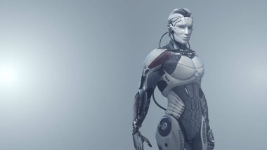 Fütüristik erkek cyborg ayakta boşaltmak, 3d çizim ile ışık arka plan üzerinde