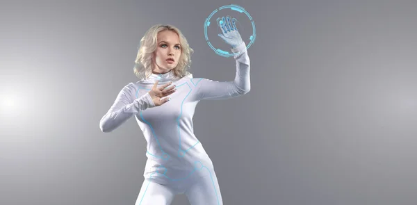 Futuristische Meisje Werken Met Virtuele Scherm Holografische Hud Mediatechnologieën Voor — Stockfoto