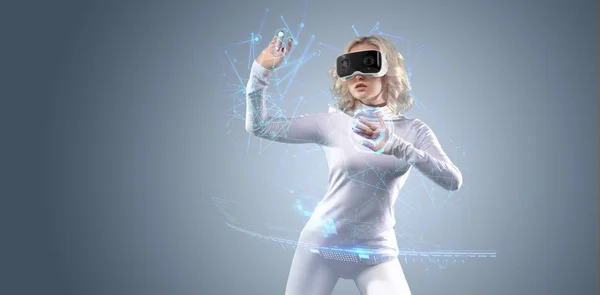 Futuristisches Mädchen Arbeitet Mit Virtual Reality Medientechnologien Für Unternehmen — Stockfoto