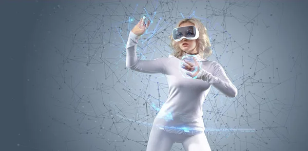 Futuristické Dívka Pracuje Virtuální Realitou Mediální Technologie Pro Podnikání — Stock fotografie