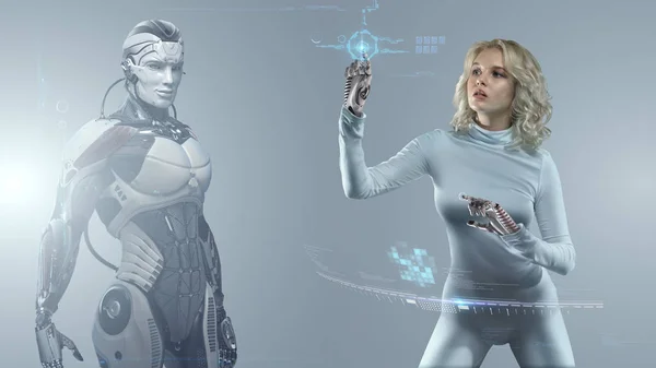 Chica Rubia Traje Futurista Manipulando Interfaz Realidad Virtual Con Robot — Foto de Stock