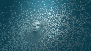 Gelecekte, yapay zeka concep, dişi robot yüz eriterek teknolojileri. 3D render