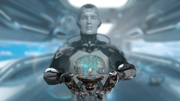 Robot Man Presenting Cyber Brain Concept Augment Reality Render — Stock Photo, Image