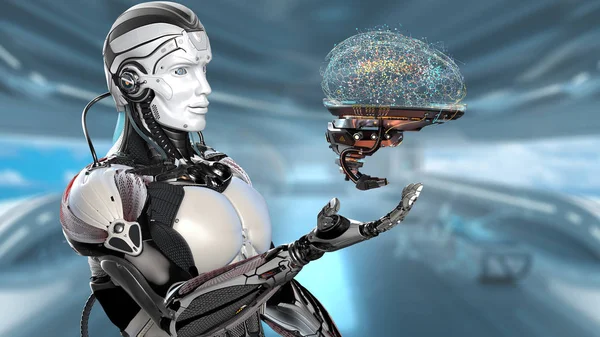 Robot Man Presentera Cyber Hjärnan Konceptet Öka Verkligheten Render — Stockfoto