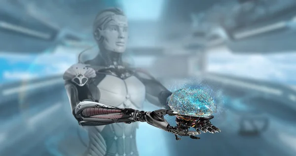 Człowieka Robot Prezentując Cyber Mózg Koncepcja Augment Reality Render — Zdjęcie stockowe