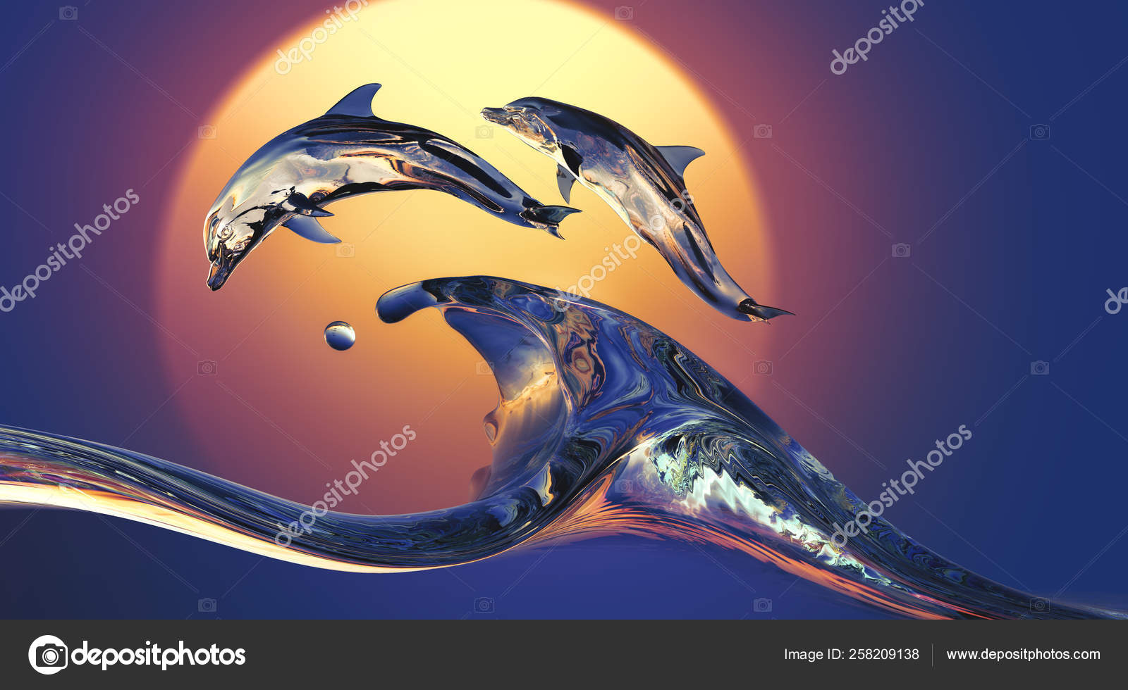 Dolphins Jumping Vibrant Sunset Sea Water Wave Bright Background  Illustration — Stock Photo © vitaliy_sokol #258209138, image size:1600x980